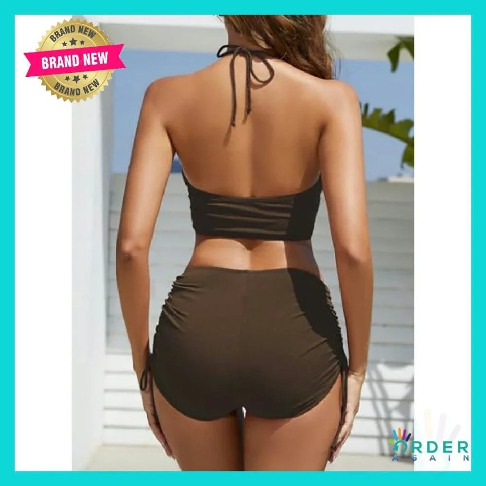 High Waisted Bikini Set Tummy Control Halter Drawstring Two Piece Swimsuit